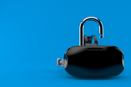 VR headset with padlock isolated on blue background. 3d illustrationの写真素材