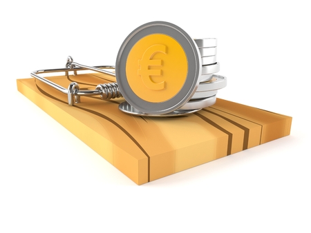 Euro coins on mouse trap isolated on white background. 3d illustrationの写真素材
