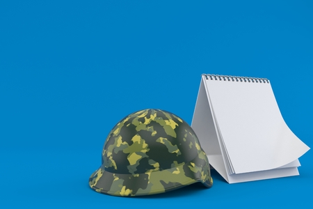 Military helmet with blank calendar isolated on blue background. 3d illustrationの写真素材