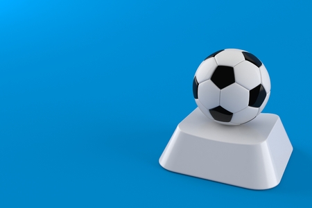 Soccer ball on computer key isolated on blue background. 3d illustrationの写真素材