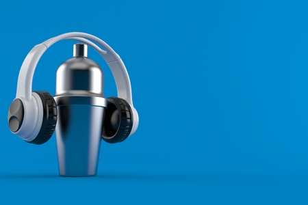 Cocktail shaker with headphones isolated on blue background. 3d illustrationの写真素材