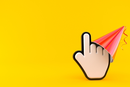 Cursor with party hat isolated on orange background. 3d illustrationの写真素材