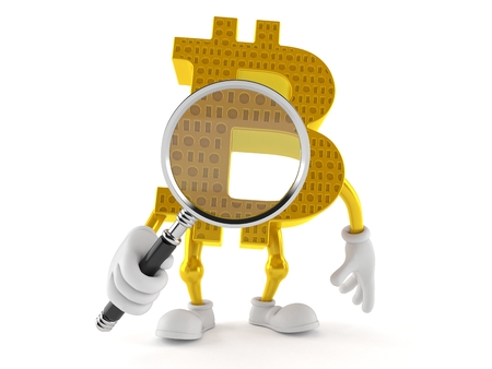 Bitcoin character looking through magnifying glass isolated on white background. 3d illustrationの写真素材