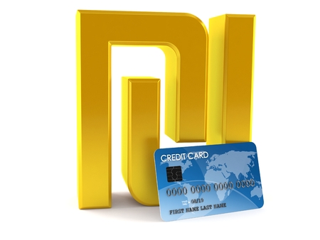 Shekel currency symbol with credit card isolated on white background. 3d illustrationの写真素材