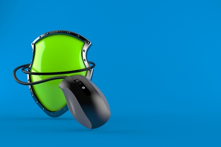 Protective shield with computer mouse isolated on blue background. 3d illustrationの写真素材