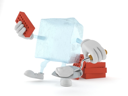 Ice cube character with trowel and bricks isolated on white background. 3d illustrationの写真素材
