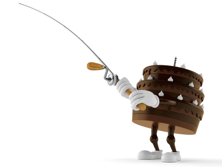 Cake character with fishing rod isolated on white background. 3d illustrationの写真素材