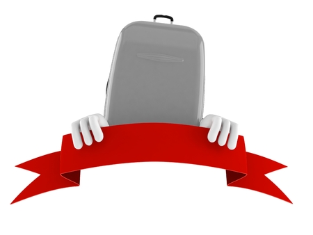 Suitcase character with blank banner isolated on white background. 3d illustrationの写真素材