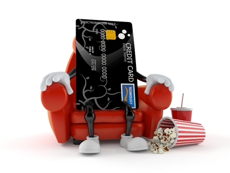 Credit card character sitting in the cinema isolated on white background. 3d illustrationの写真素材