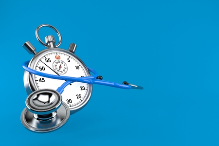 Stethoscope with stopwatch isolated on blue background. 3d illustrationの写真素材