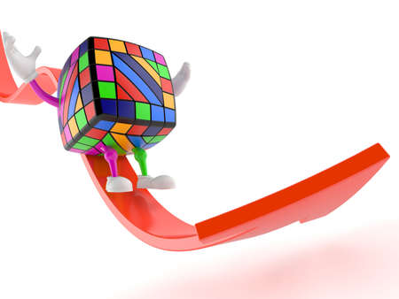 Toy puzzle character sliding on red arrow isolated on white background. 3d illustration
