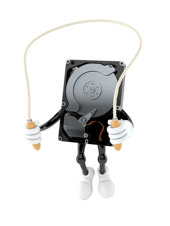 Hard disk character jumping on jumping rope isolated on white background. 3d illustration
