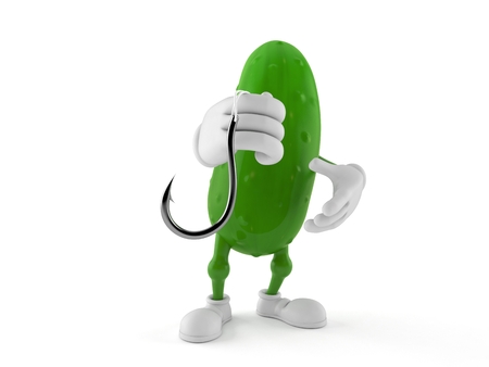 Cucumber character holding fishing hook isolated on white background. 3d illustrationの写真素材