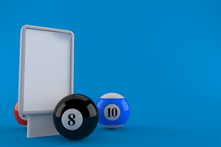 Pool balls with blank billboard isolated on blue background. 3d illustrationの写真素材