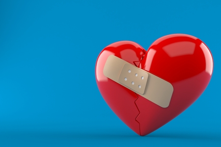 Heart with bandage isolated on blue background. 3d illustrationの写真素材