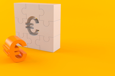 Euro with puzzle part isolated on orange background. 3d illustrationの写真素材