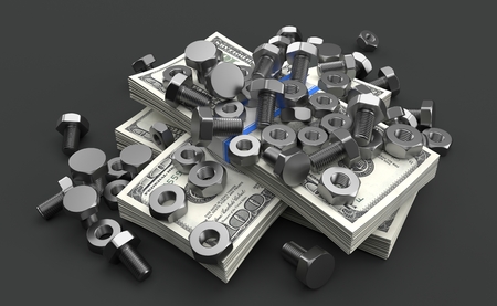 Bolts and nuts lying on dollar currency isolated on grey background. 3d illustrationの写真素材