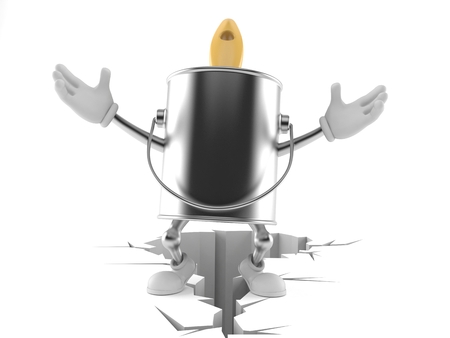 Paint can character standing on cracked ground isolated on white background. 3d illustrationの写真素材