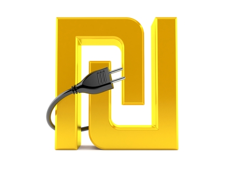 Shekel currency symbol with electric plug isolated on white background. 3d illustrationの写真素材