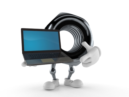 Nut character holding laptop isolated on white background. 3d illustrationの写真素材