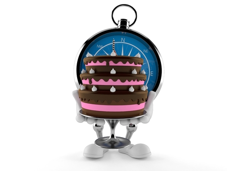 Compass character holding cake isolated on white background. 3d illustrationの写真素材