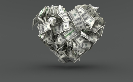 Dollar currency in heart shape on grey background. 3d illustrationの写真素材