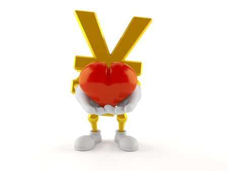 Yen character holding heart isolated on white background. 3d illustrationの写真素材