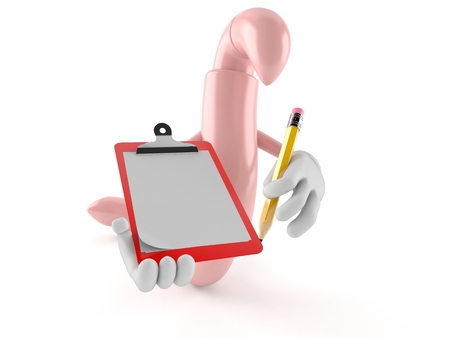 Worm character holding clipboard and pencil isolated on white background. 3d illustrationの写真素材