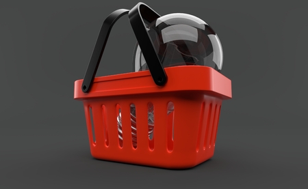 Light bulb inside shopping basket isolated on grey background. 3d illustrationの写真素材