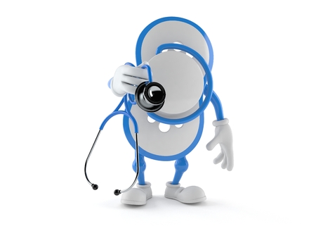 Baby dummy character holding stethoscope isolated on whiteの写真素材