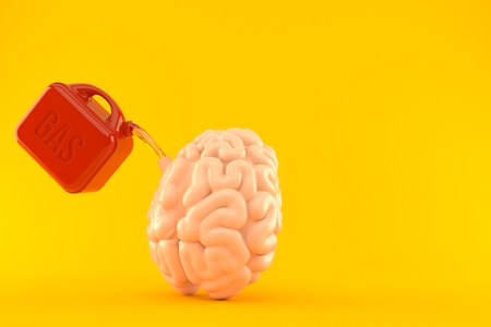 Brain with gasoline canister isolated on orange background. 3d illustrationの写真素材