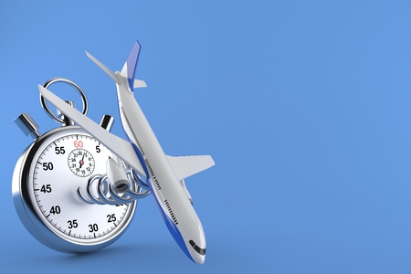 Airplane with stopwatch isolated on blue background. 3d illustration