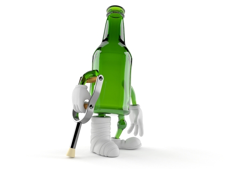 Green glass bottle character with broken leg isolated on white background. 3d illustrationの写真素材