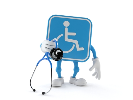 Handicapped character holding stethoscope isolated on white background. 3d illustrationの写真素材