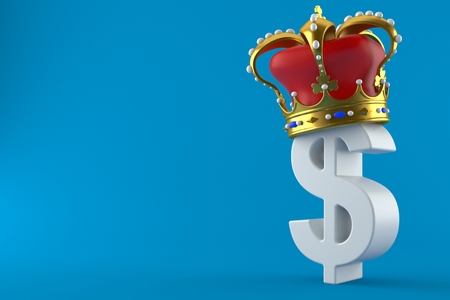Dollar symbol with crown isolated on blue background. 3d illustrationの写真素材
