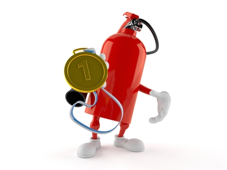 Fire extinguisher character with golden medal isolated on white background. 3d illustrationの写真素材