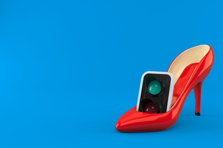 Green traffic light inside high heel isolated on blue background. 3d illustrationの写真素材