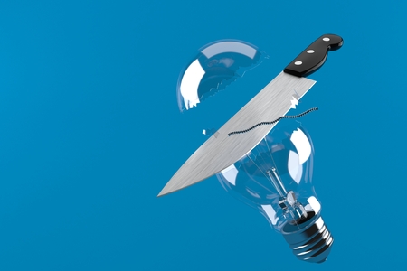 Broken Light bulb with knife isolated on blue background. 3d illustration