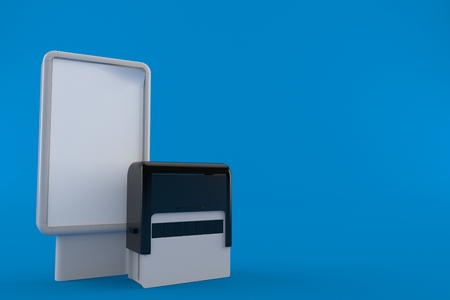 Rubber stamp with blank billboard isolated on blue background. 3d illustrationの写真素材