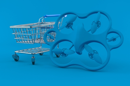 Drone background with shopping cart in blue color. 3d illustrationの写真素材