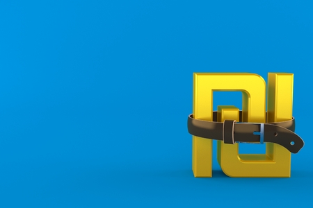 Shekel currency symbol squeezed by belt isolated on blue background. 3d illustrationの写真素材