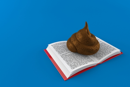 Dung poo on open book isolated on blue background. 3d illustrationの写真素材