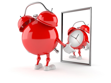 Alarm clock character looking at mirror isolated on white background. 3d illustrationの写真素材
