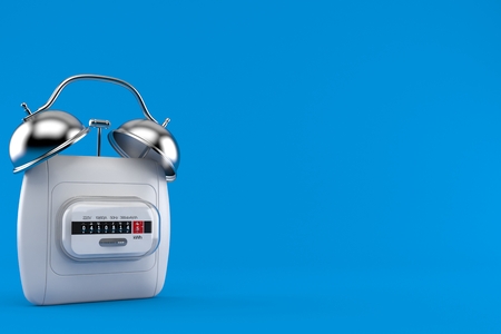 Electricity measure with alarm clock isolated on blue background. 3d illustrationの写真素材