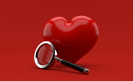 Heart with magnifying glass isolated on red background. 3d illustrationの写真素材