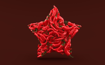 Hot chili peppers in star shape isolated on red background. 3d illustrationの写真素材