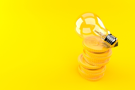Light bulb with stack of coins isolated on orange background. 3d illustrationの写真素材