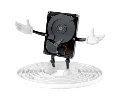 Hard disk character inside maze isolated on white background. 3d illustration