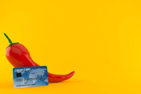 Hot pepper with credit card isolated on orange background. 3d illustrationの写真素材