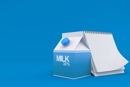 Milk box with blank calendar isolated on blue background. 3d illustrationの写真素材